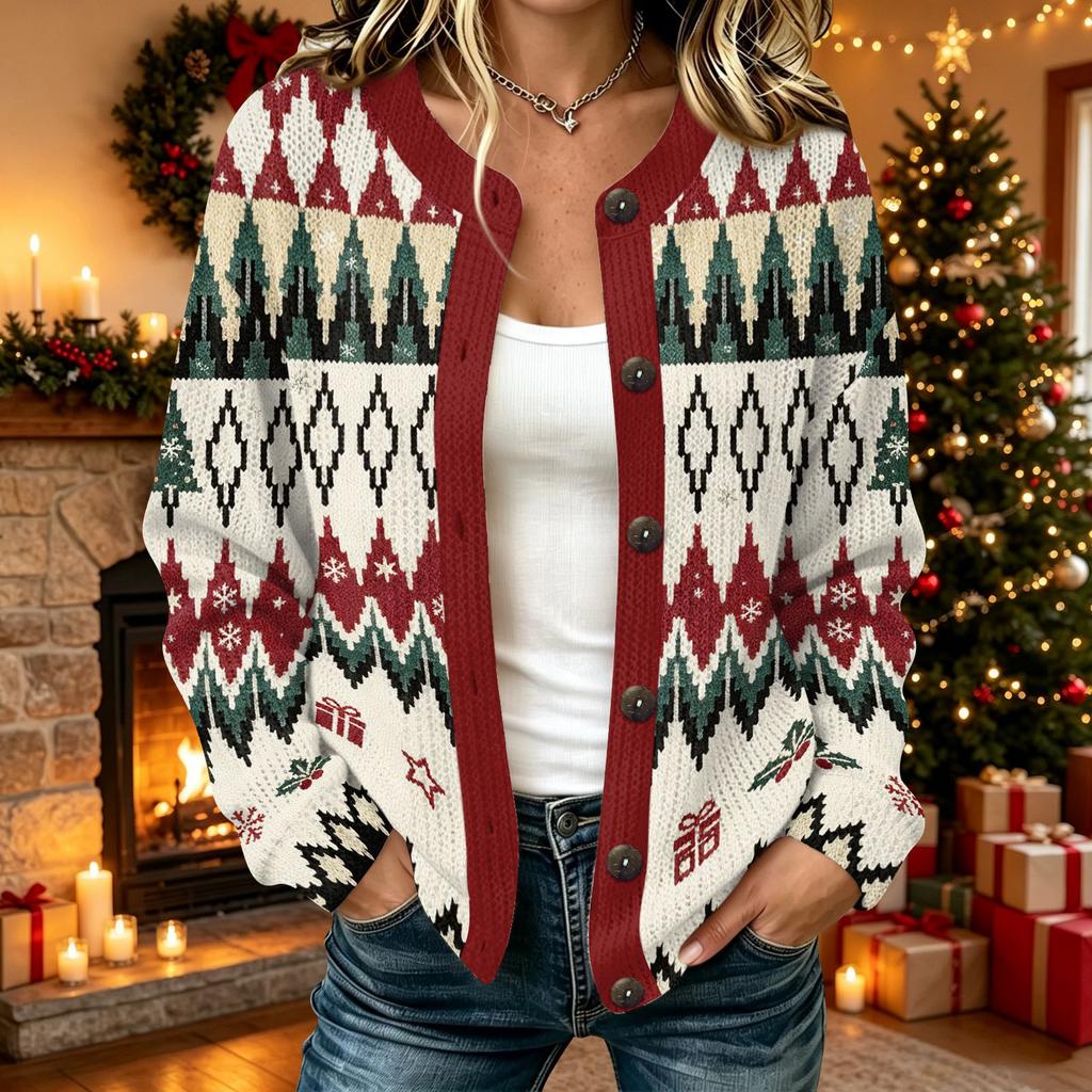 Damen Weihnachtsdruck Langarm Offen Vorne Strickjacke Lässiger Feiertags Pullover Mantel
