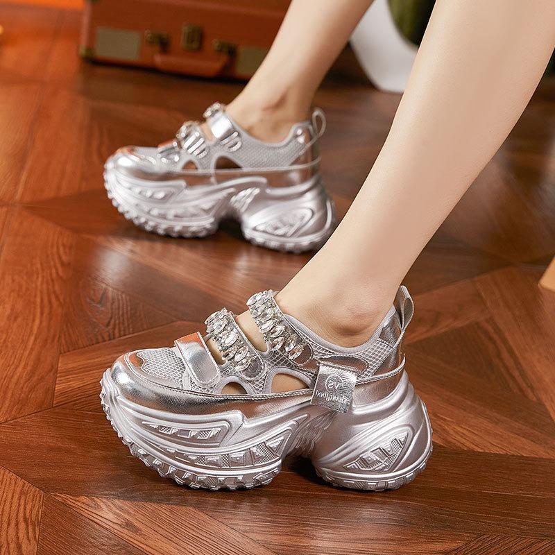 Fashion 8cm Air Mesh Synthetic Platform Wedge Casual Bling Bling Leather Comfy High Brand Summer Lace Up Flat Chunky Sneaker Shoes