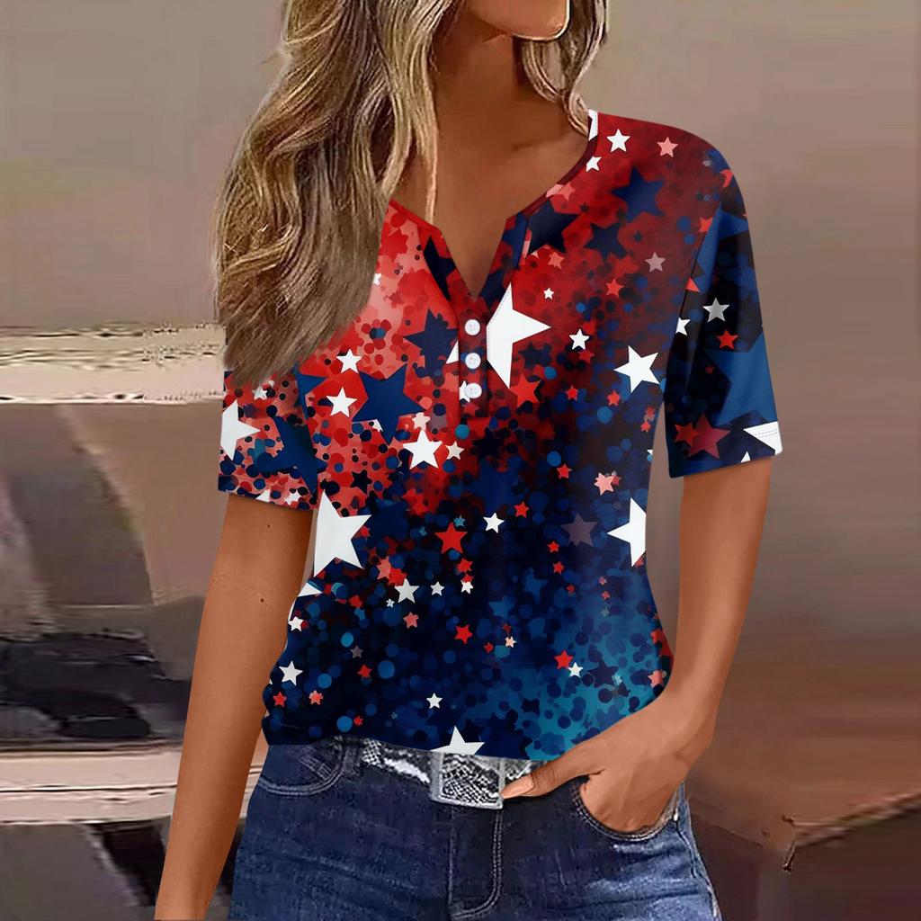 Lässiges T-Shirt für Damen zum Unabhängigkeitstag, bedruckt, V-Ausschnitt, kurzärmlig, mit Knöpfen