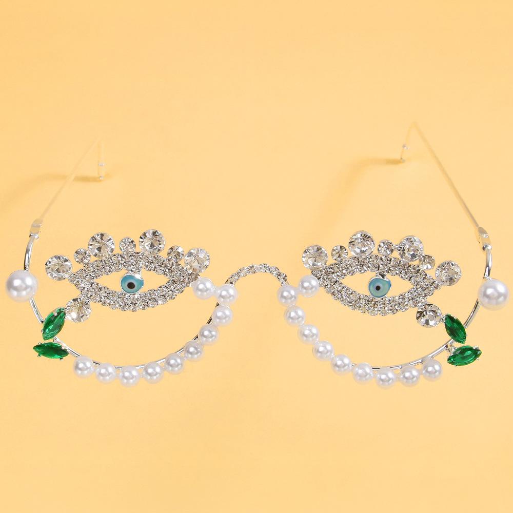 Rhinestone Pearl Eye Shape Rimless Decor Glasses Party Costume Photo Prop Eyewear