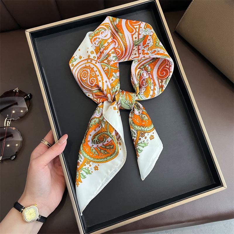 Square Silk Scarves With Floral Retro Print For Women, 70x70cm, Hijab, Decoration, Neck Ties, Soft Satin Head