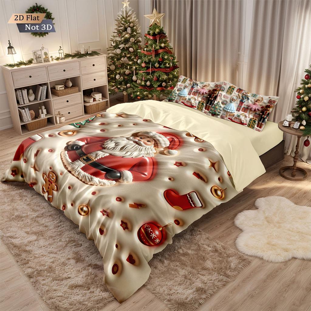 3pcs Imitation Relief Santa Claus Print Coreless Bedding Set Multi Size Bedroom Bedding Holiday Decoration Machine Washable