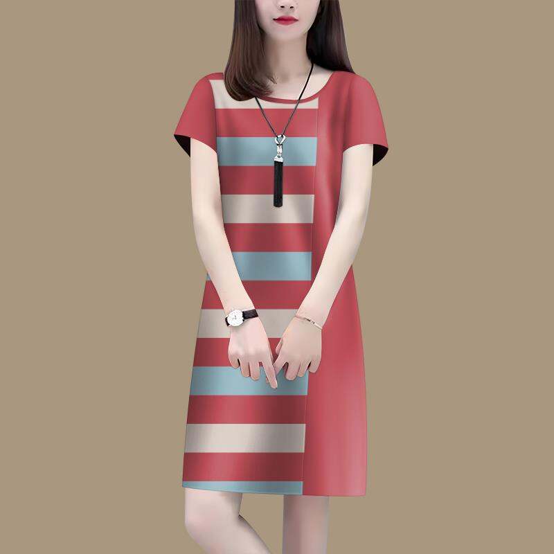 2025 Summer Loose Fit Ladies Round Neck Short-sleeved Dress Korean Style Striped Printing Fashion A-line Mid-length Dress