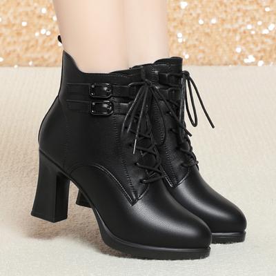 Mode 7,5 cm Doppel-Schnallen Blockabsatz Stiefel Plateauschuhe Winter 2024 Damen Weiches Leder Plüschfell Stiefeletten für Büro Mama