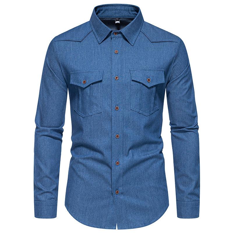

Мужская рубашка повседневная с длинным рукавом однотонная мужская приталенная деловая рубашка Tide с двумя карманами рубашки карго для мужчин простой дизайн L темно-синий