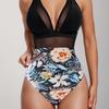 Women's Sexy One Piece Swimsuit Deep V Neck Sheer Mesh Backless Tummy Control Solid Color Monokini Summer Beach Bathing Suit Swimwear