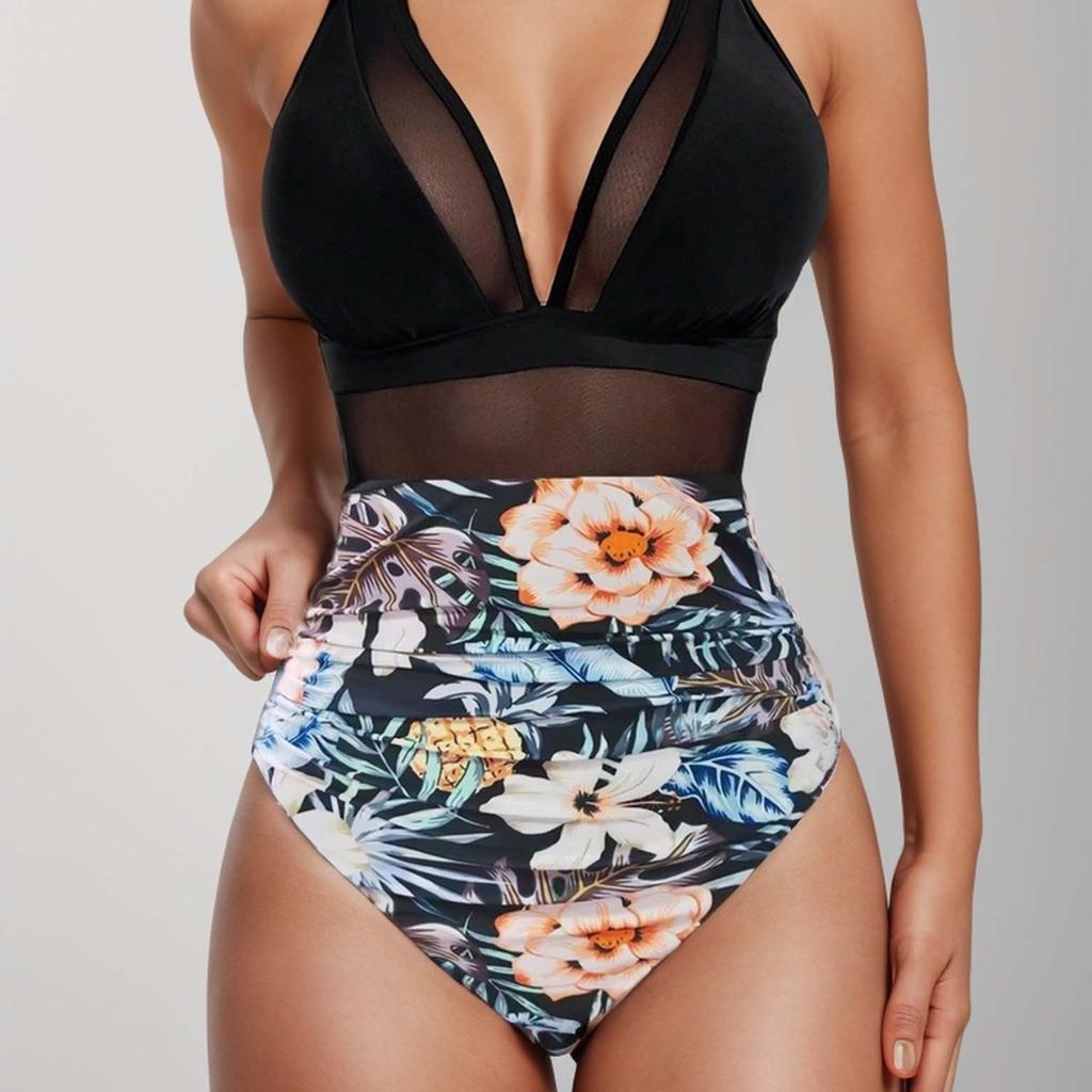Women's Sexy One Piece Swimsuit Deep V Neck Sheer Mesh Backless Tummy Control Solid Color Monokini Summer Beach Bathing Suit Swimwear