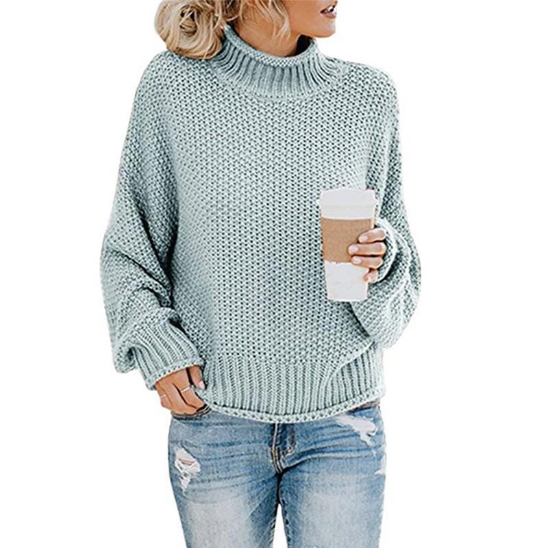 Womens Chunky Knit High Neck Pullover Sweater Loose Fit Cotton Acrylic Blend Winter
