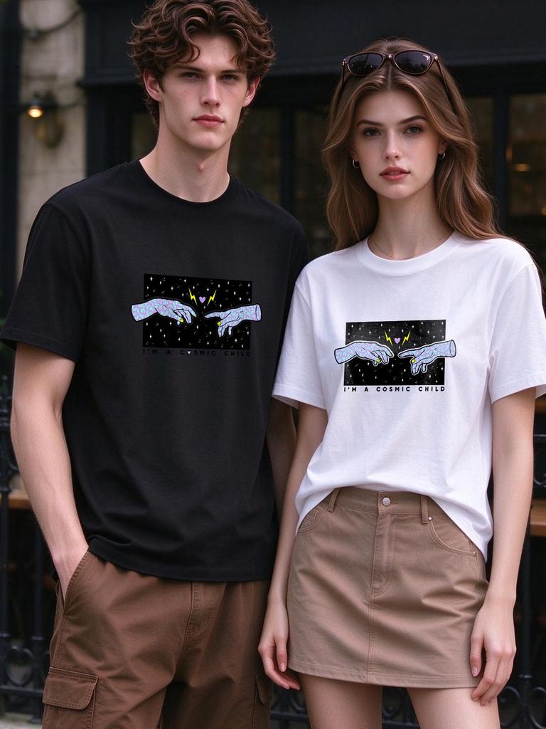 Unisex Tshirt Cosmic Child Print Short Sleeve Casual Summer Comfort Soft Top Fashion