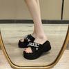 Rhinestone one-word slippers for women's summer wear 2025 new small man height increase thick bottom fashion beach cool slippers for women