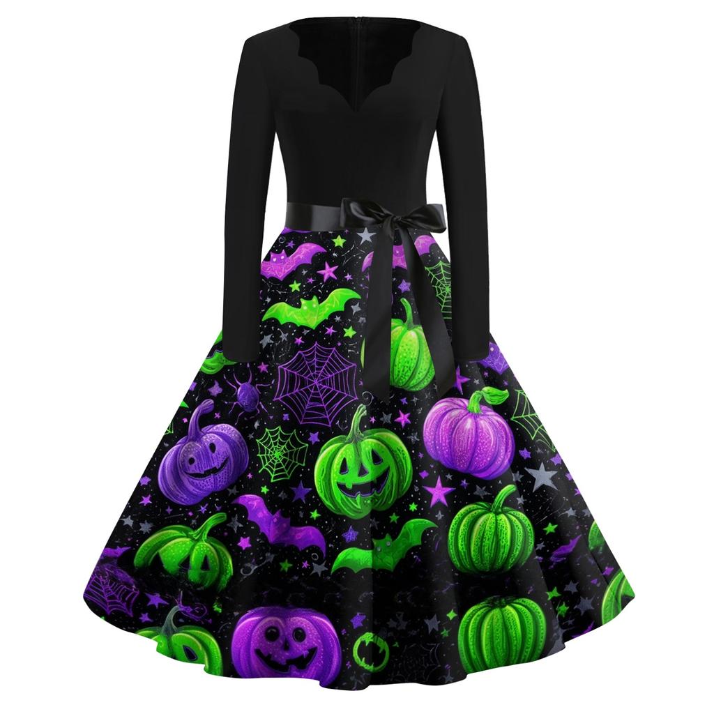 Women Casual Vintage V Neck Dress Halloween Print Long Sleeve Retro Fit and Flare Dress with Waist Tie for Everyday Wear