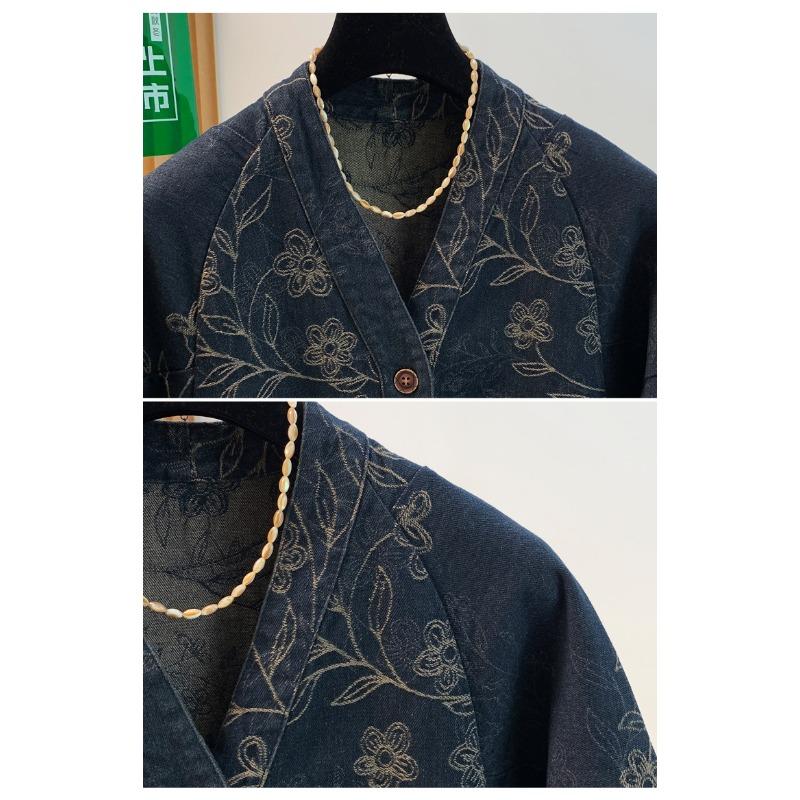 DIMANAF 2026 Herbst Winter Große Größen Damen Jeansjacken Mantel Kurz Lässig Print Floral Locker Knöpfe Blau Vintage Oberbekleidung