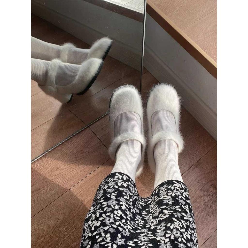 Herbst und Winter 2025 neue Samt warme Mary Jane High Heels runde Spitze dicker Absatz vielseitige flauschige Schuhe Damen ins Tide