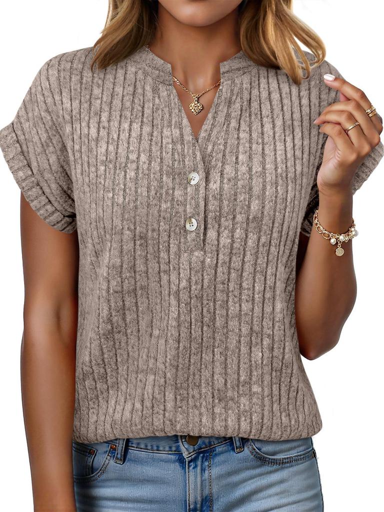 2026 Spring/Summer Casual Brushed Ribbed V-Neck Batwing Short-Sleeved Women's Top
