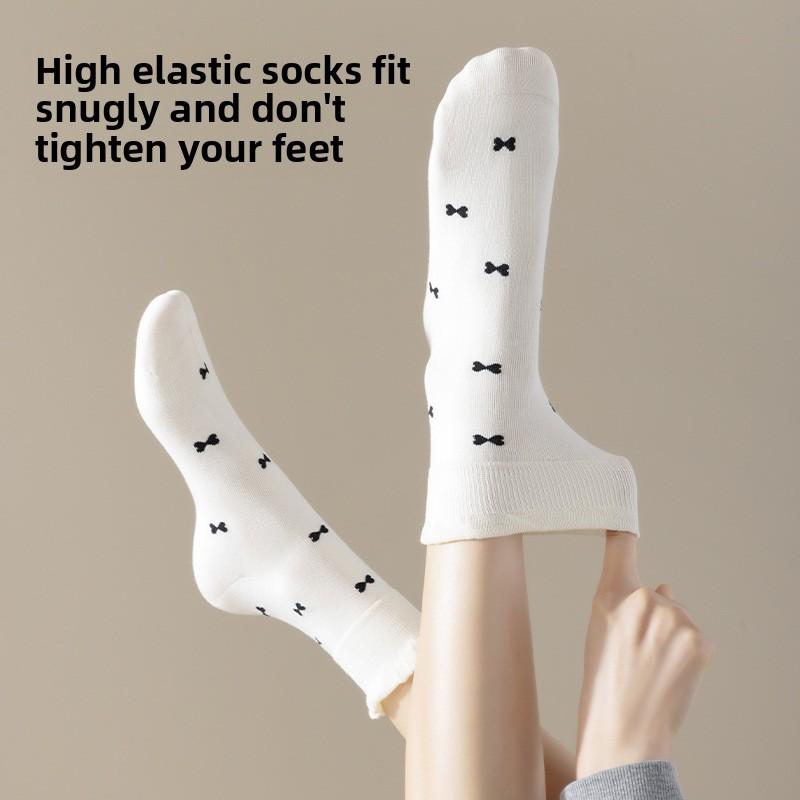 5 Pairs Lace Stacked Socks Mid-calf Socks Spring and Summer Thin Cotton Socks Breathable Versatile Wooden Ear Edge Small Bow Socks Female