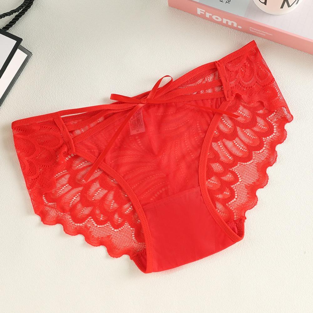 Summer Low Waist Lace Panties Bow Cotton Crotch Mesh Flower Briefs Thin Strap Transparent Lace Thin Underwear Female