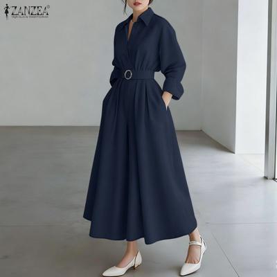 Women Turn Down Collar Loose Casual Long Sleeve Shirt Dress