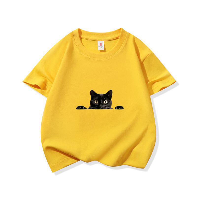 Kids Cotton T Shirt Peeking Black Cat Graphic Print Crew Neck Short Sleeve Tee Casual Breathable Boys Girls Summer Tops