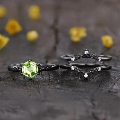 Jianjie 2 Stück/Set Damen Hexagonale Grüne Farbe Zirkonia Einlege Ringe Retro Gothic Stil Party Geschenke Zarter Schmuck Tide
