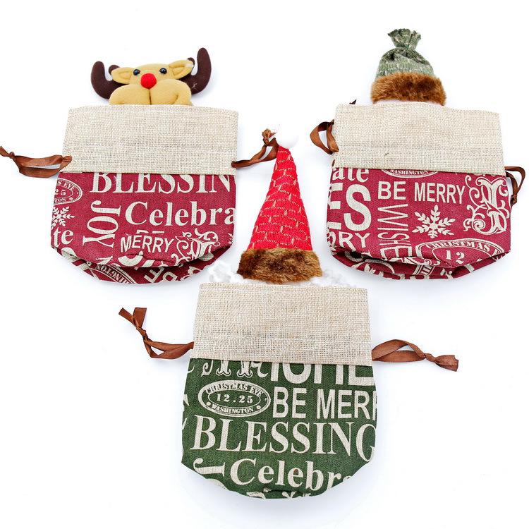 Weihnachts-Jutesäckchen mit Kordelzug und Zeichentrickfiguren - Schneemann, Alter Mann, Rentier und Apfel-Design für Kinder