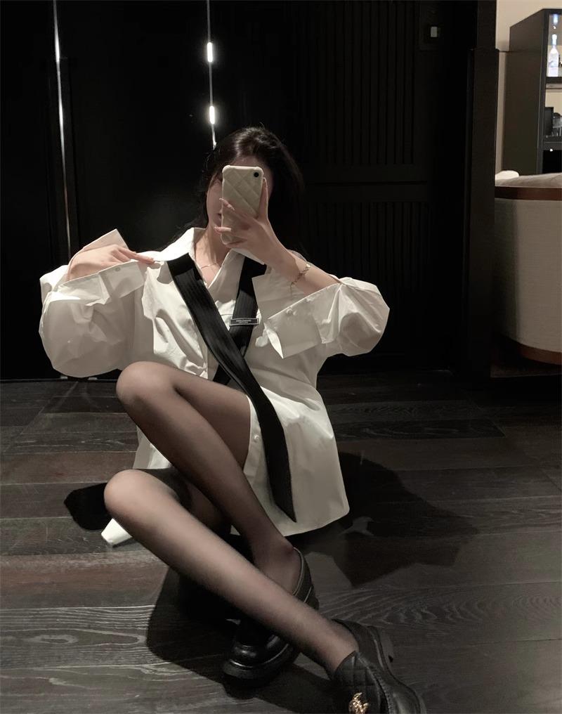 Women's White Tie Long Sleeve Mid-Length Casual Shirt – Spring/Autumn Loose Style