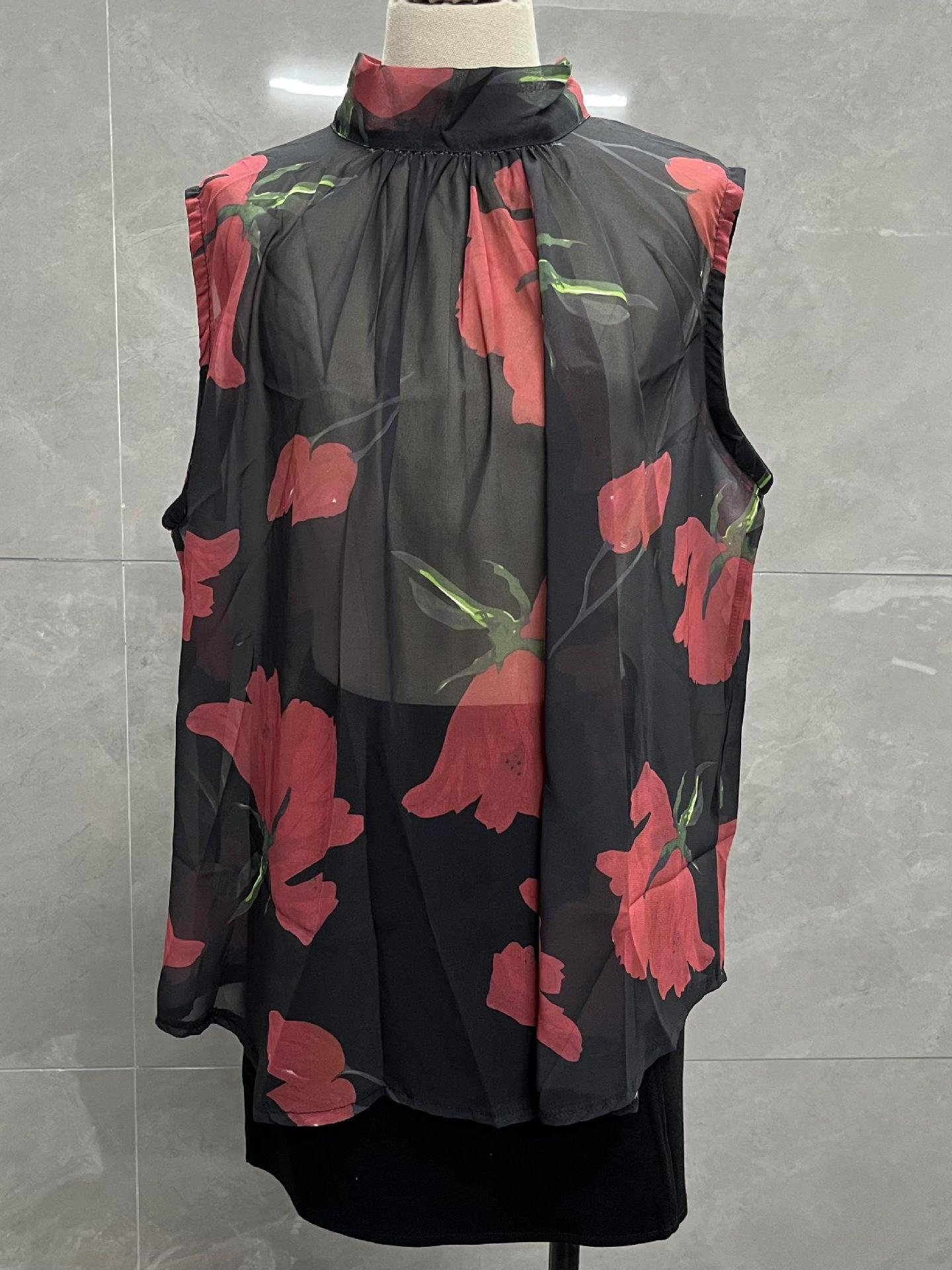 

Вдохновленная корейским стилем шифоновая блузка без рукавов с сетчатым принтом - Мода зрелой сестры, Омолаживающий летний топ премиум-класса. L (around 115 lbs)