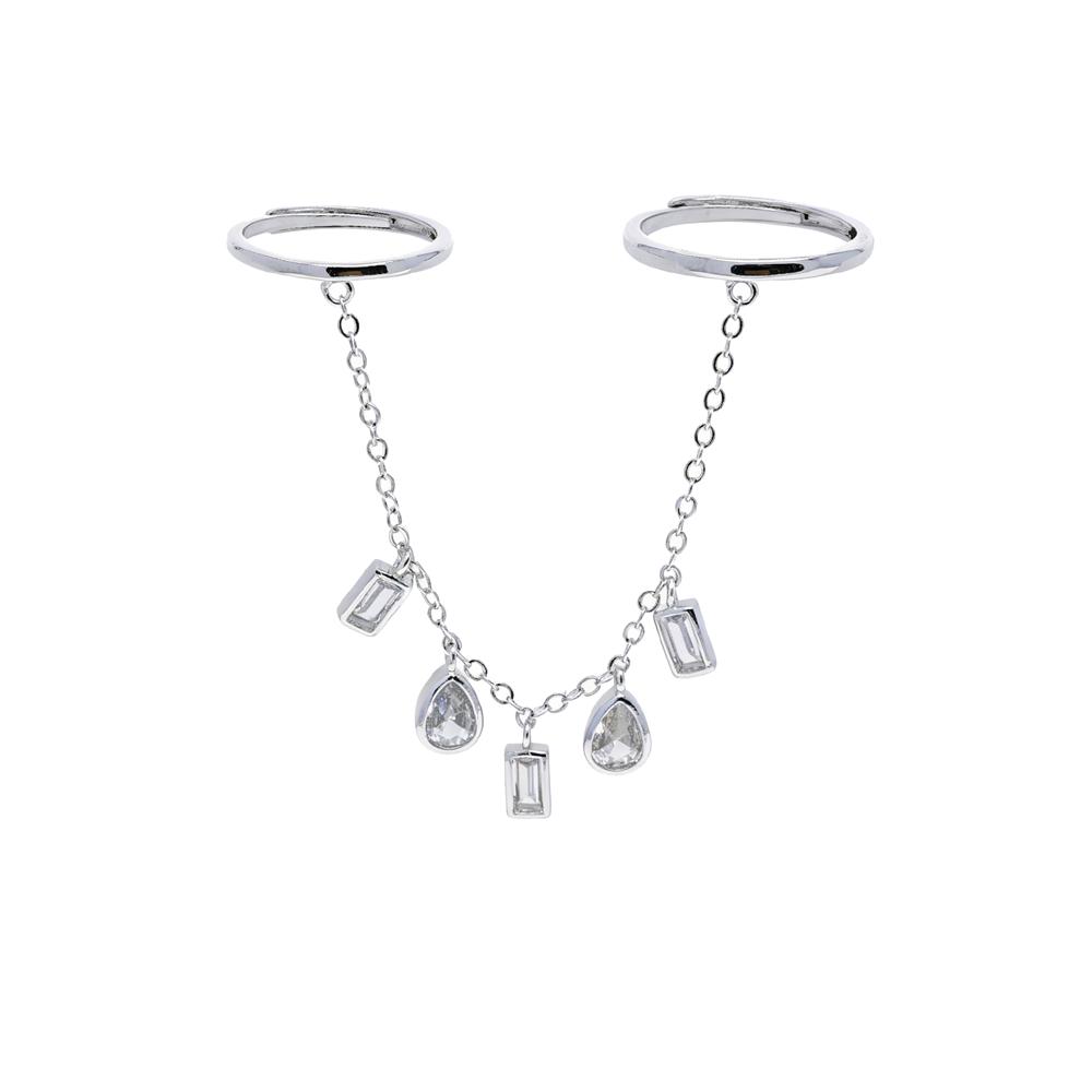 2026 New Arrived Fashion Women Jewelry Geometric Bezel CZ Drop Charm Tassel Chain Double Finger Ring Gold Plated
