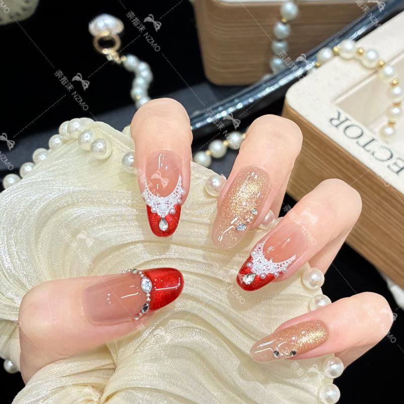

Y77 Red French Show-off Super Sparkle Cat Eye Handmade Nail Art S【Regular Size/For Most】