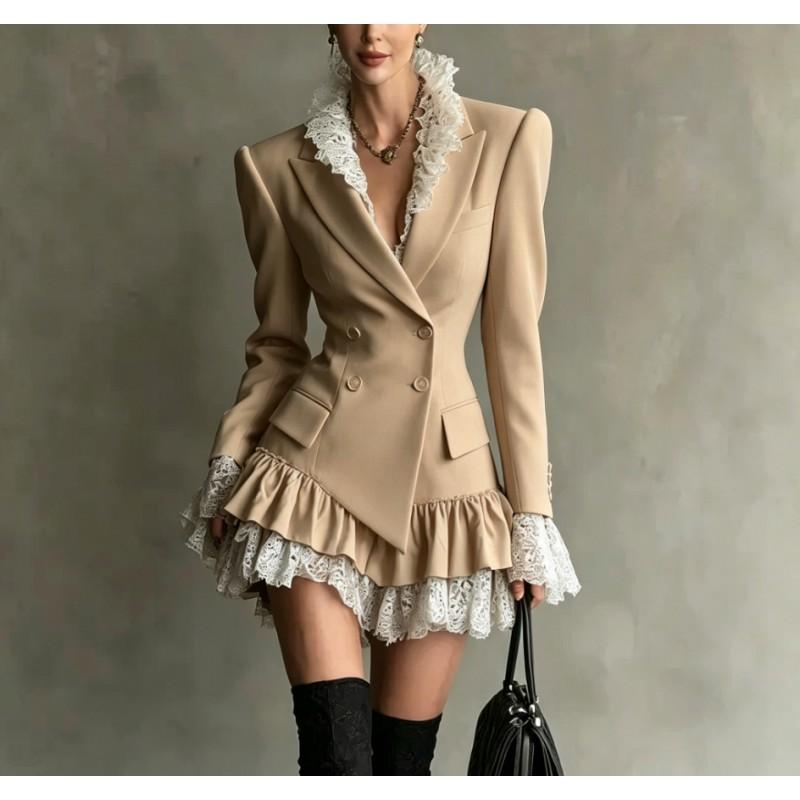 Womens Elegant Office Wear Lace-Panel Long