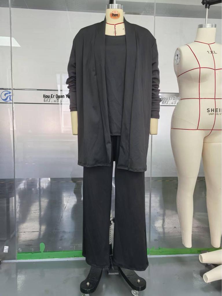 2025 Women's Solid Color Round Neck Long Sleeve Top and Belted Pants 3-Piece Set