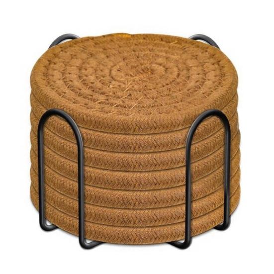 Yousheng 8Pcs Cotton Woven Coasters for Drinks, Absorbent Coasters Set with Holder, Wear-Resistant Insulating Heat-Resistant Coasters for Cups Teapots