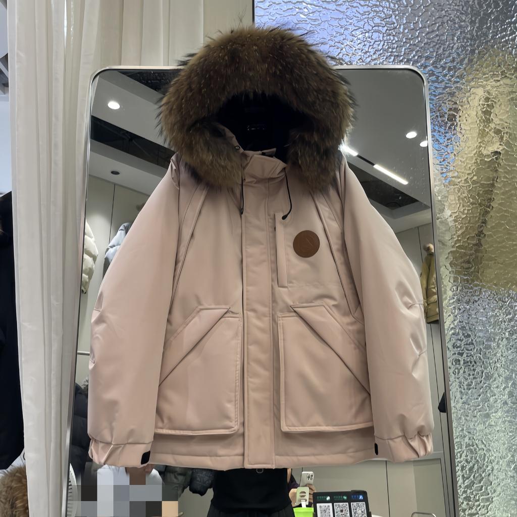 Winter new short big fur collar down jacket women's thickened tooling couple pie overcome hooded loose outdoor