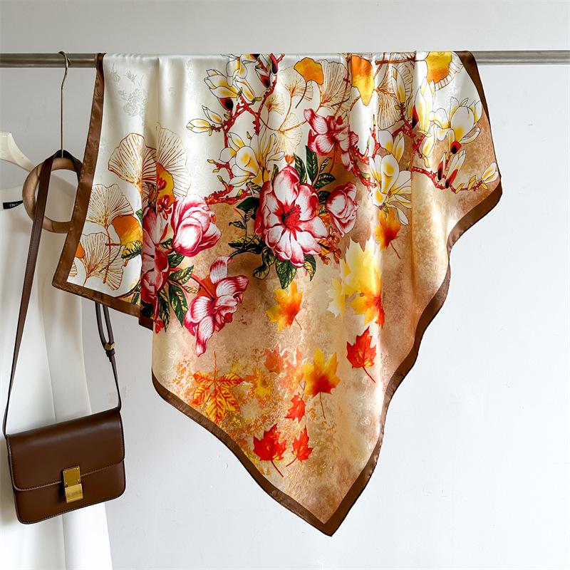 Ginkgo biloba silk scarf flower gradual change color matching scarf women's new square scarf 91cm twill silk jacquard shawl