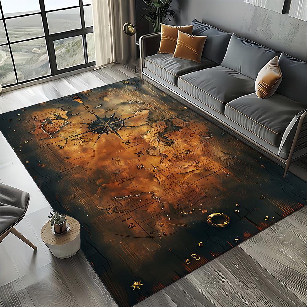 2025 New Style Retro Marine Nautical Chart Compass Carpet Rug for Home Living Room Bedroom Sofa Doormat Decor,Non-slip Floor Mat
