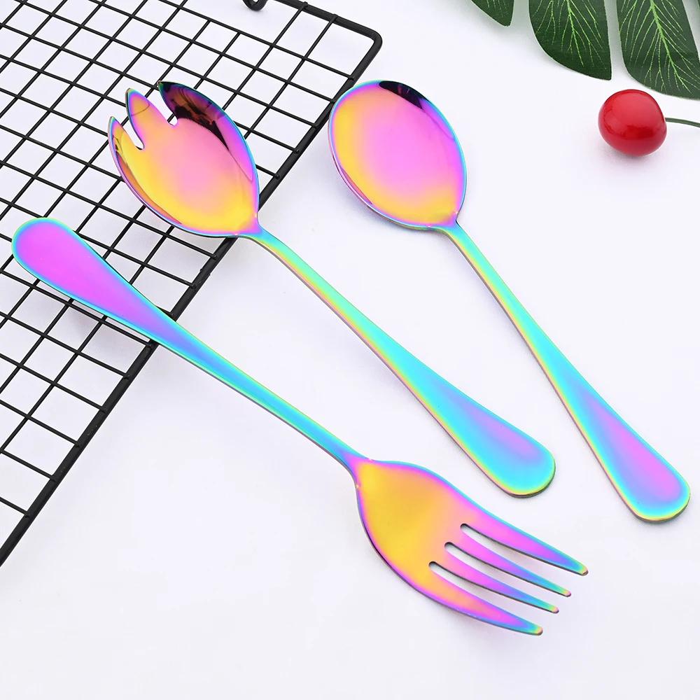 2Pcs Salad Spoon Dinnerware Set Gold Unique Spoon Cutlery Set Salad Fork Stainless Steel Tableware Party Serving Spoon Flatware
