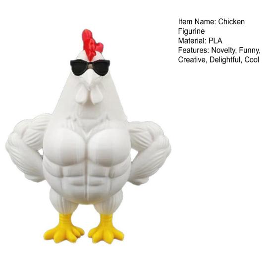 3D Printed Muscle Chicken Figurine Funny Cool Rooster Statue with Sunglasses Collectible Muscular Cock Desktop Ornament for Home Office Executive Desk