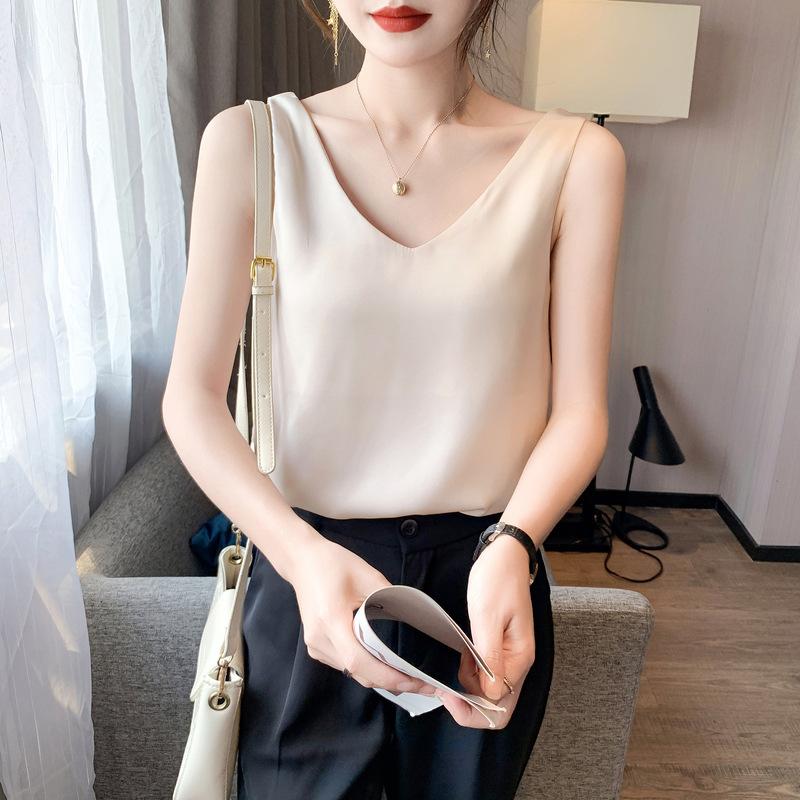 YYFS Chemisiers et chemises décontractés pour femmes, mode été printemps, couleur unie, imprimé, sans manches, col en v