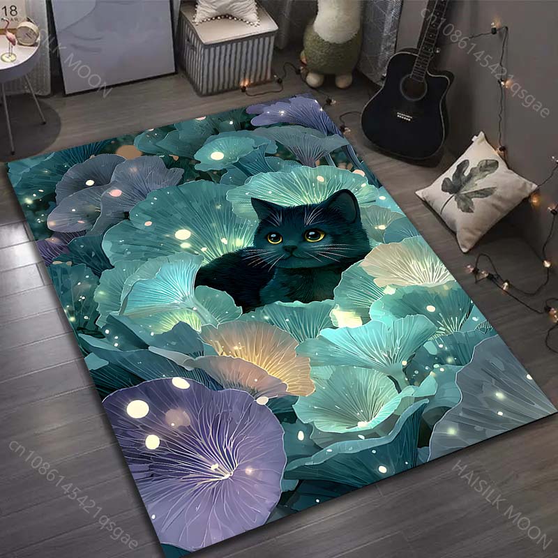 

1PC Glowing black cat in flowers Pattern Rug Carpets for Bedroom Living Room Sofa Mat Creative Door Mat Cloakroom Home Decor 40x60cm