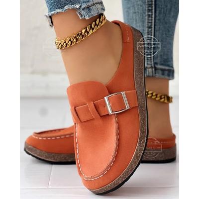 Terlik Kadın Yuvarlak Burun Tokalı Retro Ayakkabılar Slip on Terlikler Bayan Konforlu Düz Ayakkabılar Kadın Günlük Yazlık Düz Takunyalar Mujer