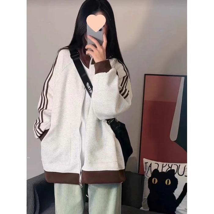American Retro Sport Stand Collar Stripe Hoodie - Unisex Trendy Brand Loose Fit Outerwear M