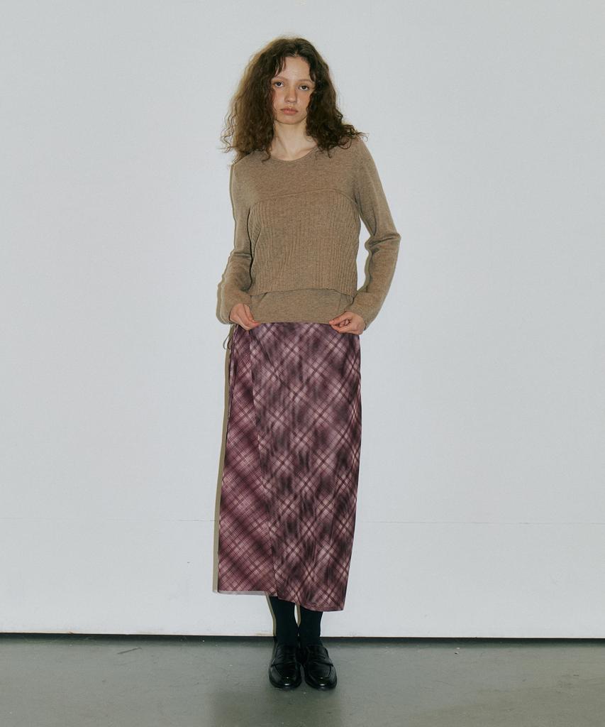 Assenti Check Wrap Long Skirt_Burgundy