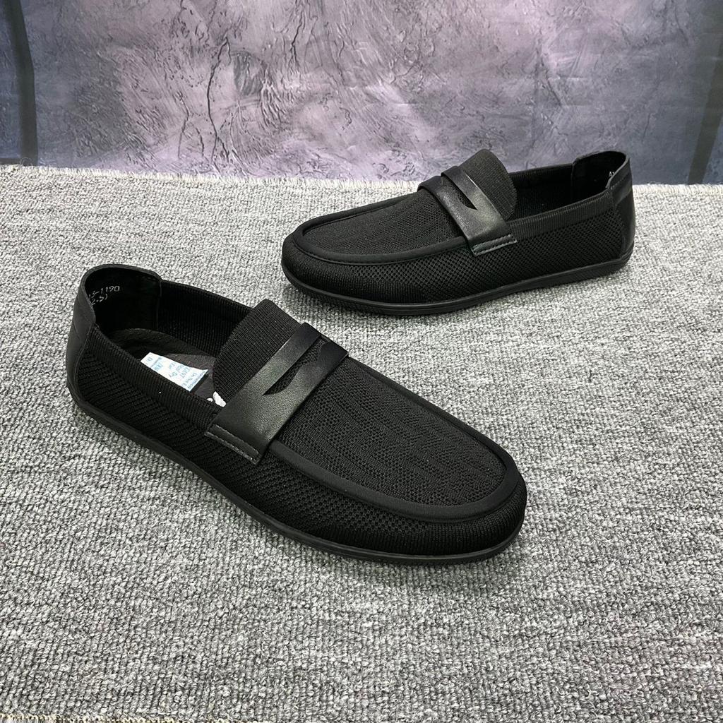Spring and summer mesh fly-woven Doudou shoes breathable men's fashion trend short black casual leather shoes one-pedal cover