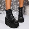 Women Punk Boots Heel Chunky Motorcycle Boots Sexy Nightclub Party Shoes Mid-Calf Lace Up Casual Outdoor Shoes For Female 35-42