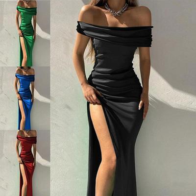Einfarbige Europäische & Amerikanische Stil One-Shoulder Schlitz Langes Kleid - Elegant, Sexy, Glänzend