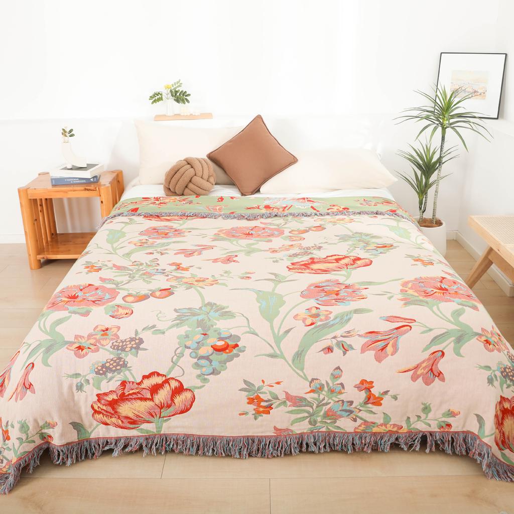 Floral Throw Blanket, For Sofa Bed, Bedspread, Slipcover, Multifunction, 4-Layer Gauze Cotton, High Quality, 200*230Cm