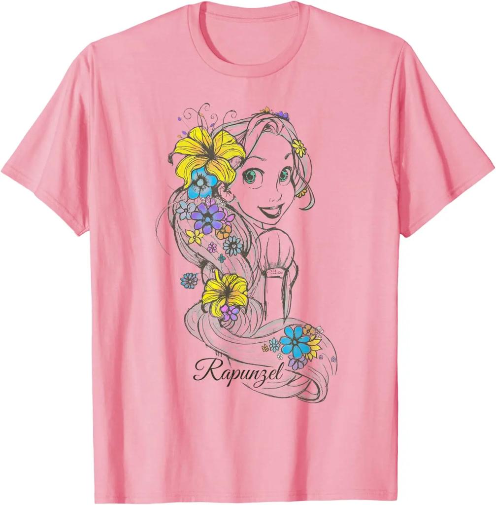 Fashion Casual Disney Tangled Rapunzel Floral Sketch Portrait T-Shirt T-Shirt S-4XL Summer