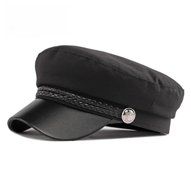 Women's PU Leather Visor Military Cap Sailor Hat Flat Top Marine Cap Preppy Style Retro Baker Boy Cap Braided Rope Casual