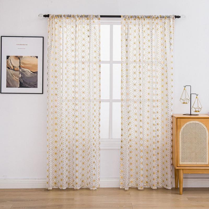Geometric Gold Foil Sheer Curtains – Set of 2 Panels, Semi-Blackout, Light Filtering Window Curtains width100 *length130cm