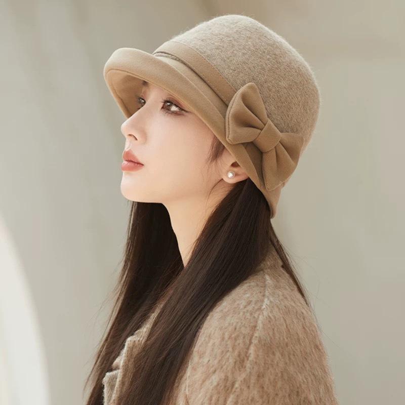 French Style Splicing Fisherman Hat Winter Warm Bow Decor Elegant Lady Hat