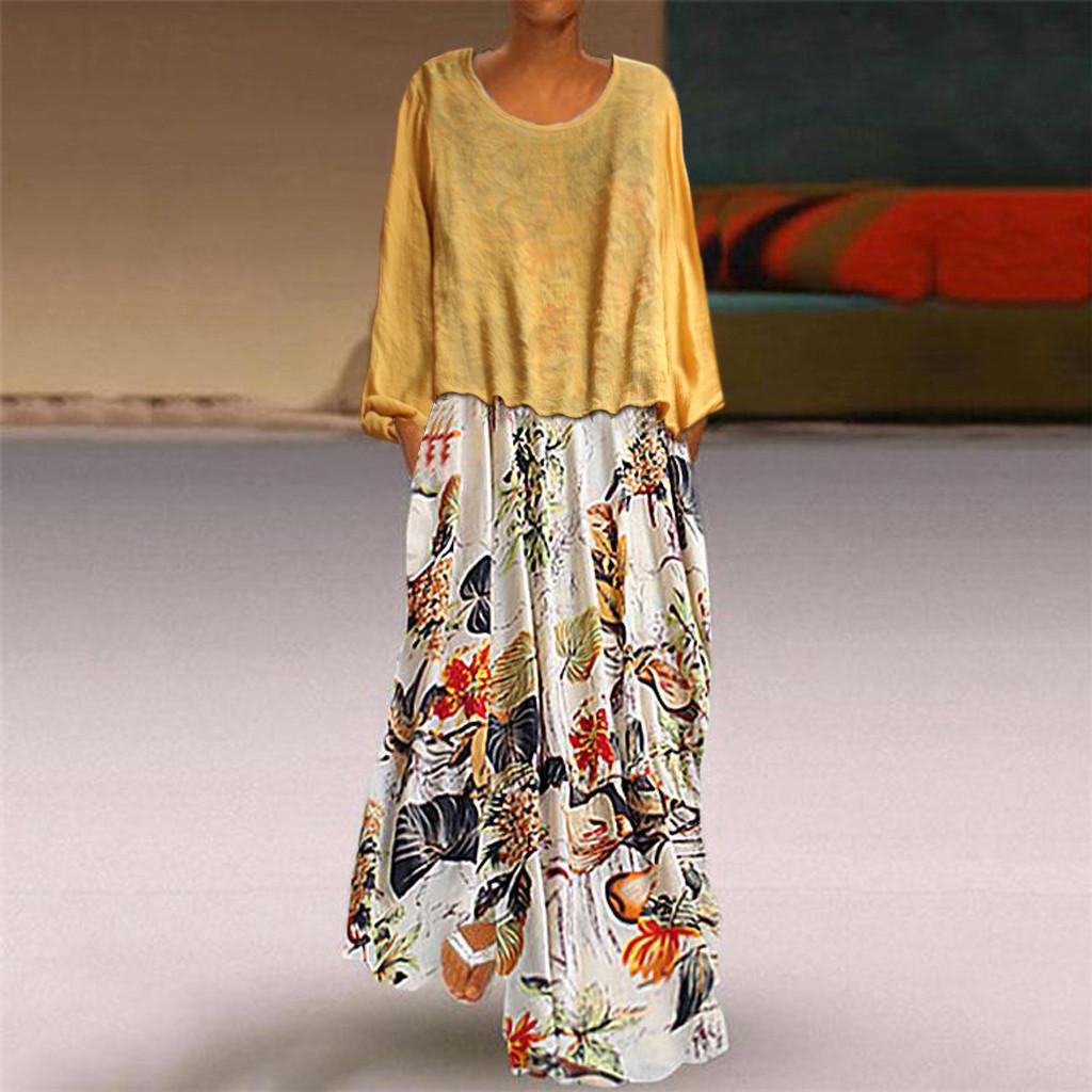 

Женское винтажное лоскутное платье с принтом из двух частей плюс размер макси-платья с длинными рукавами XXXXL жёлтый